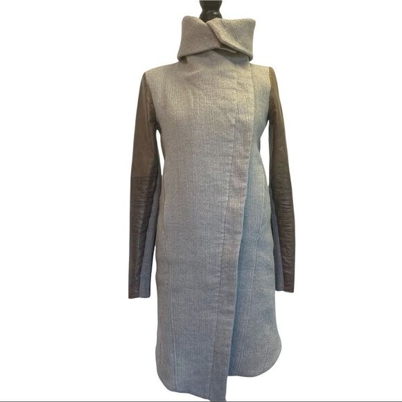 HELMET Lang wool & Lamb Leather brown gray colour block pattern coat Sz XS - Picture 15 of 16